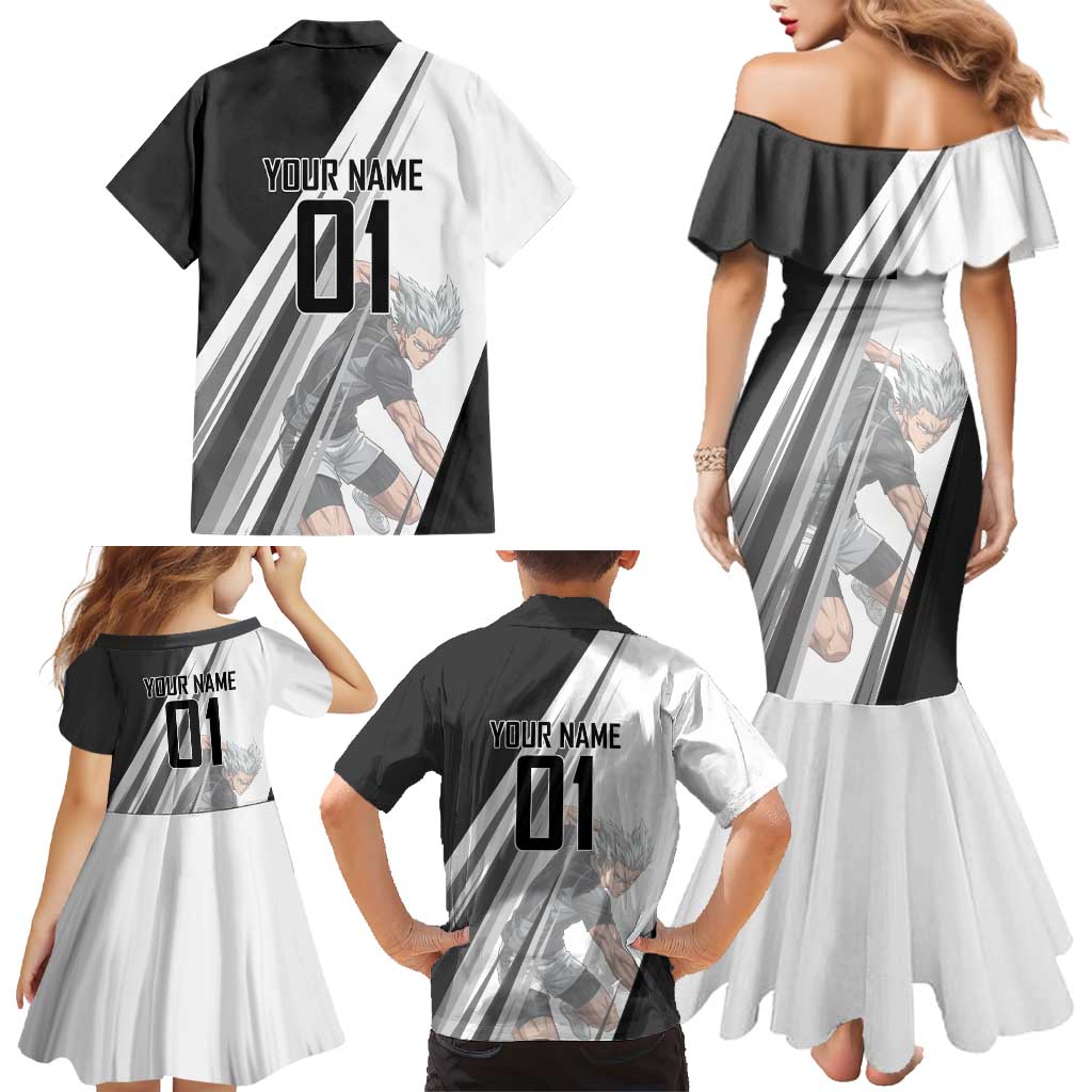 Personalized Garou Volleyball Action Design Family Matching Mermaid Dress and Hawaiian Shirt with Monochrome Stripes and Dynamic Pose