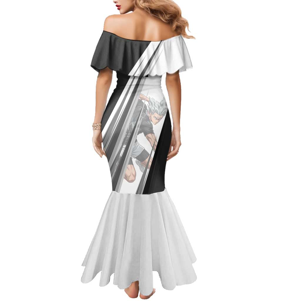 Personalized Garou Volleyball Action Design Family Matching Mermaid Dress and Hawaiian Shirt with Monochrome Stripes and Dynamic Pose