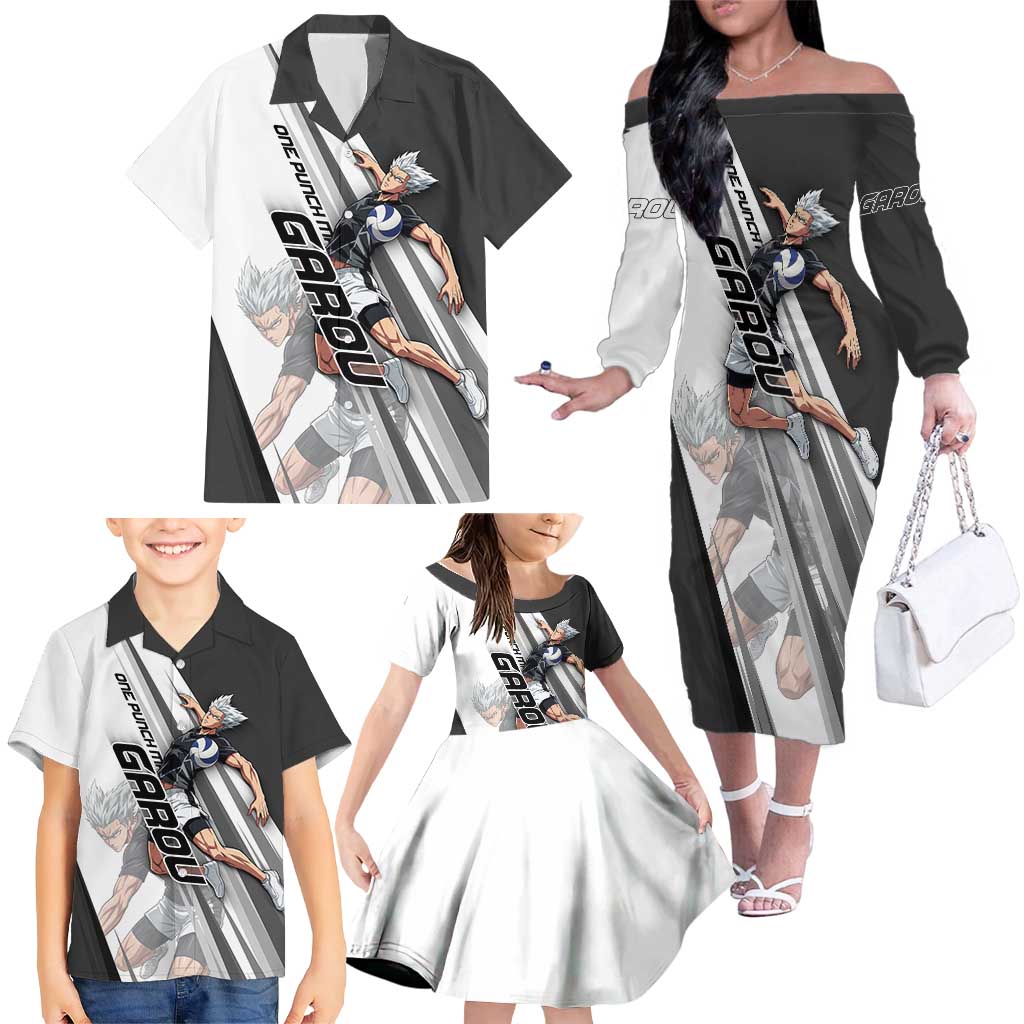 Personalized Garou Volleyball Action Design Family Matching Off The Shoulder Long Sleeve Dress and Hawaiian Shirt with Monochrome Stripes and Dynamic Pose