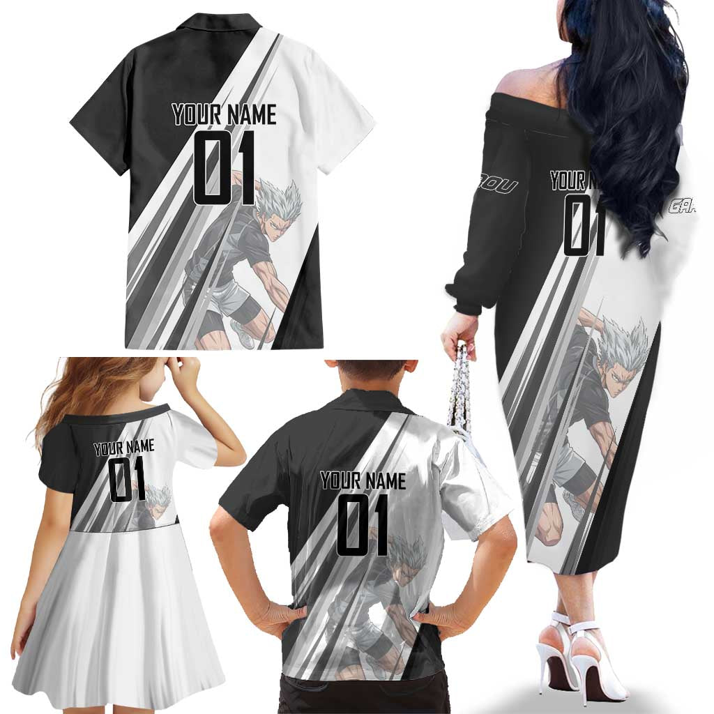 Personalized Garou Volleyball Action Design Family Matching Off The Shoulder Long Sleeve Dress and Hawaiian Shirt with Monochrome Stripes and Dynamic Pose