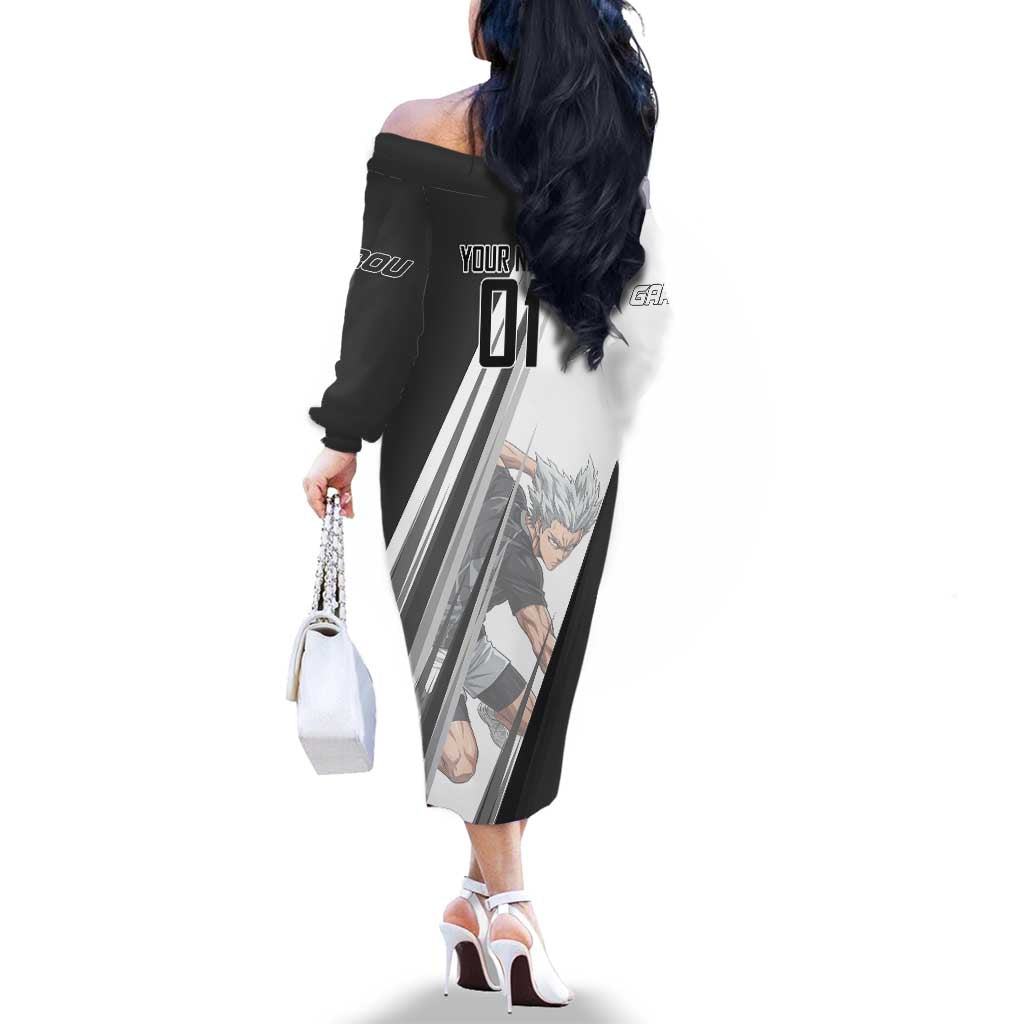Personalized Garou Volleyball Action Design Family Matching Off The Shoulder Long Sleeve Dress and Hawaiian Shirt with Monochrome Stripes and Dynamic Pose