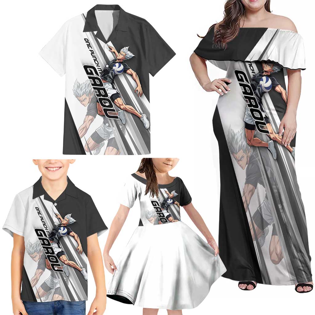Personalized Garou Volleyball Action Design Family Matching Off Shoulder Maxi Dress and Hawaiian Shirt with Monochrome Stripes and Dynamic Pose