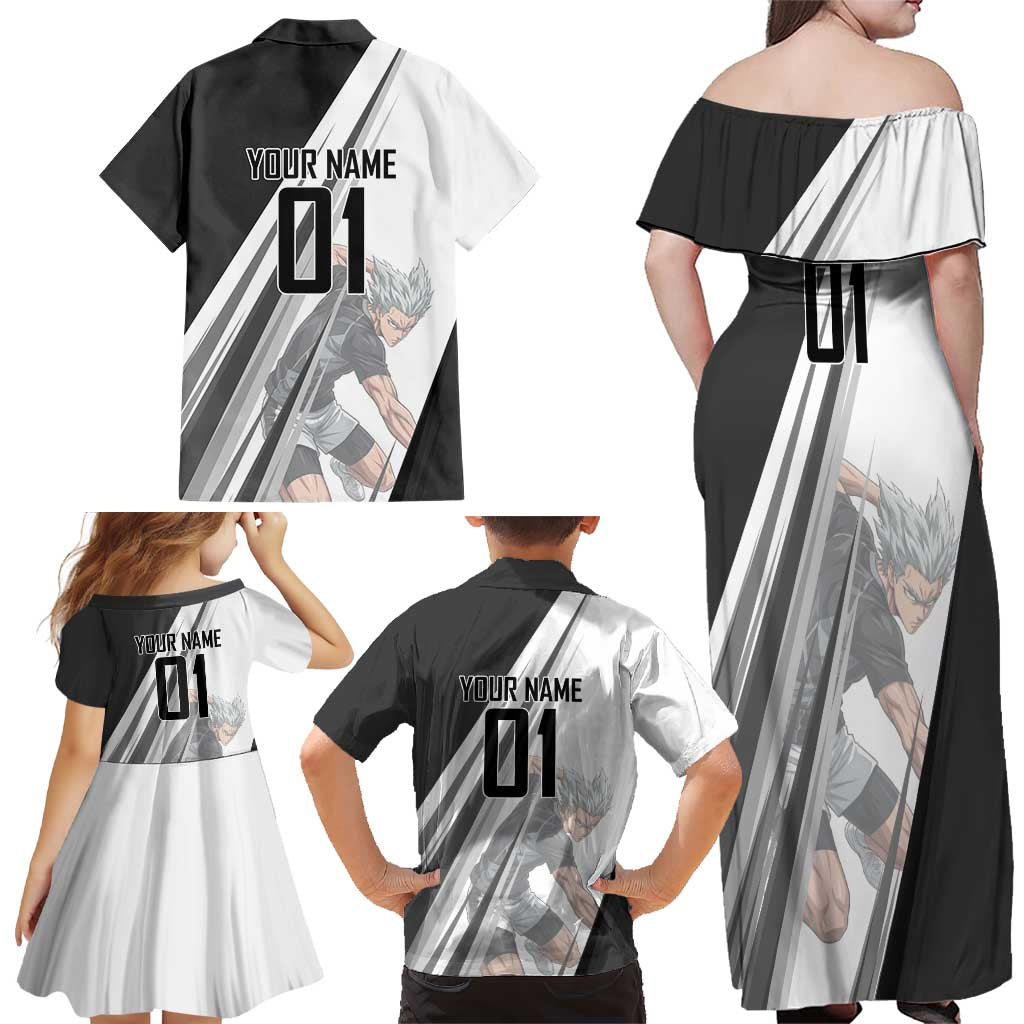 Personalized Garou Volleyball Action Design Family Matching Off Shoulder Maxi Dress and Hawaiian Shirt with Monochrome Stripes and Dynamic Pose