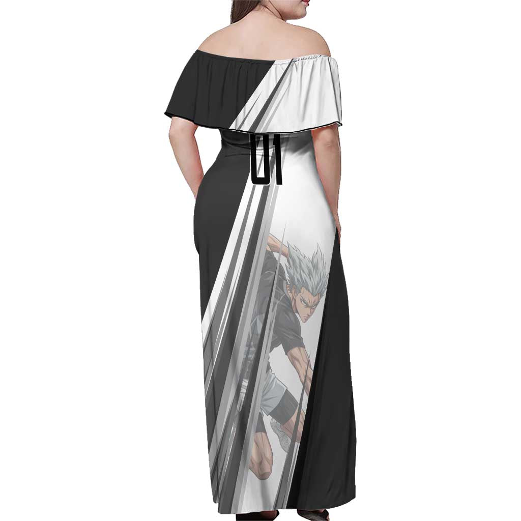 Personalized Garou Volleyball Action Design Family Matching Off Shoulder Maxi Dress and Hawaiian Shirt with Monochrome Stripes and Dynamic Pose
