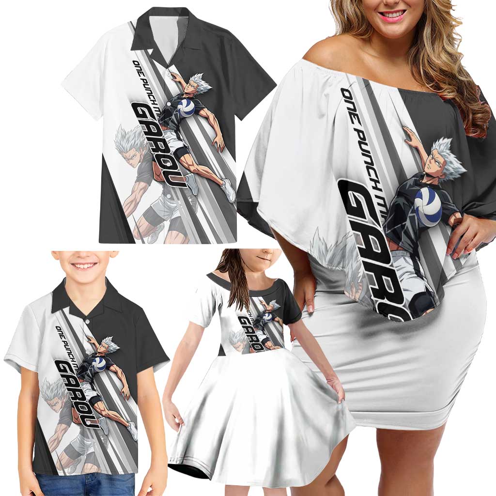 Personalized Garou Volleyball Action Design Family Matching Off Shoulder Short Dress and Hawaiian Shirt with Monochrome Stripes and Dynamic Pose
