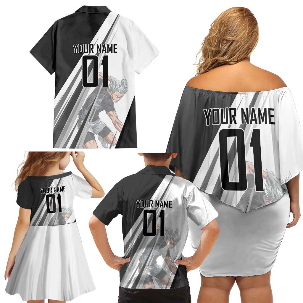 Personalized Garou Volleyball Action Design Family Matching Off Shoulder Short Dress and Hawaiian Shirt with Monochrome Stripes and Dynamic Pose