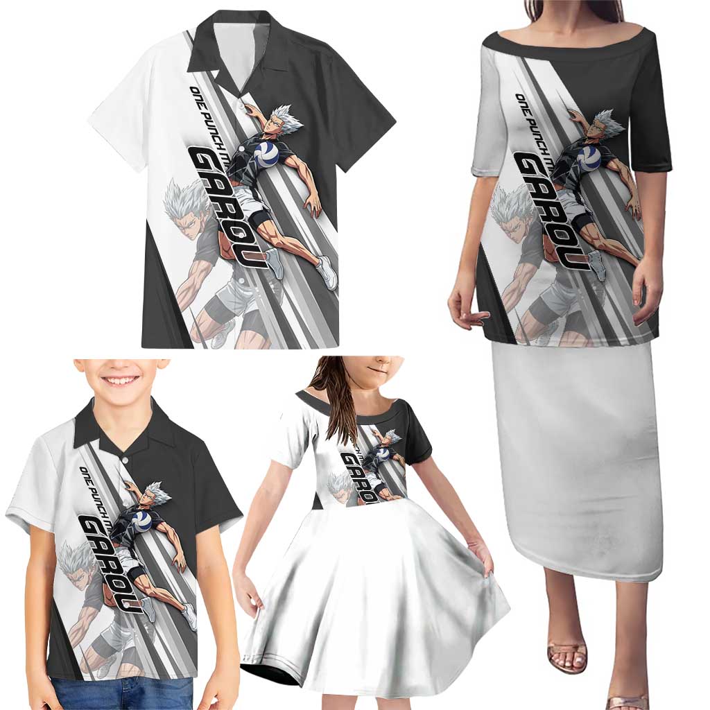 Personalized Garou Volleyball Action Design Family Matching Puletasi and Hawaiian Shirt with Monochrome Stripes and Dynamic Pose