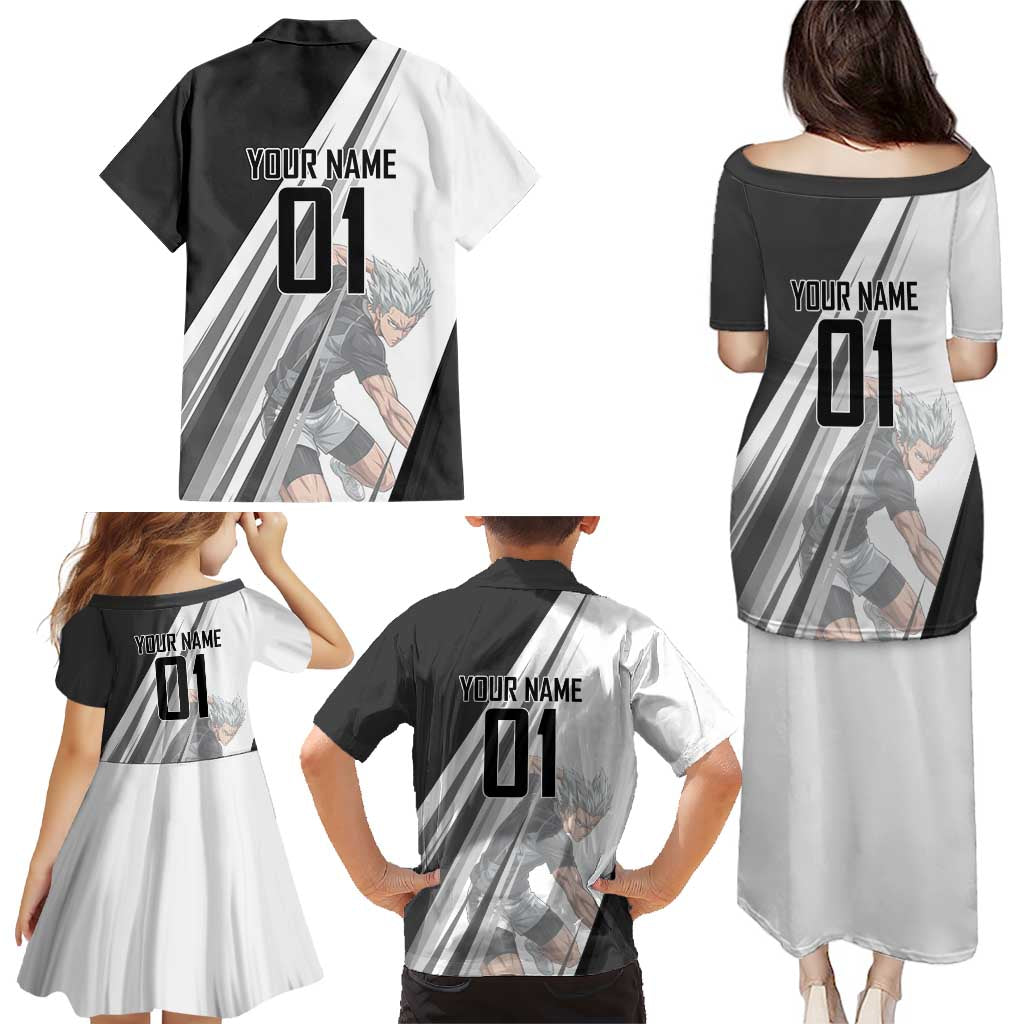 Personalized Garou Volleyball Action Design Family Matching Puletasi and Hawaiian Shirt with Monochrome Stripes and Dynamic Pose