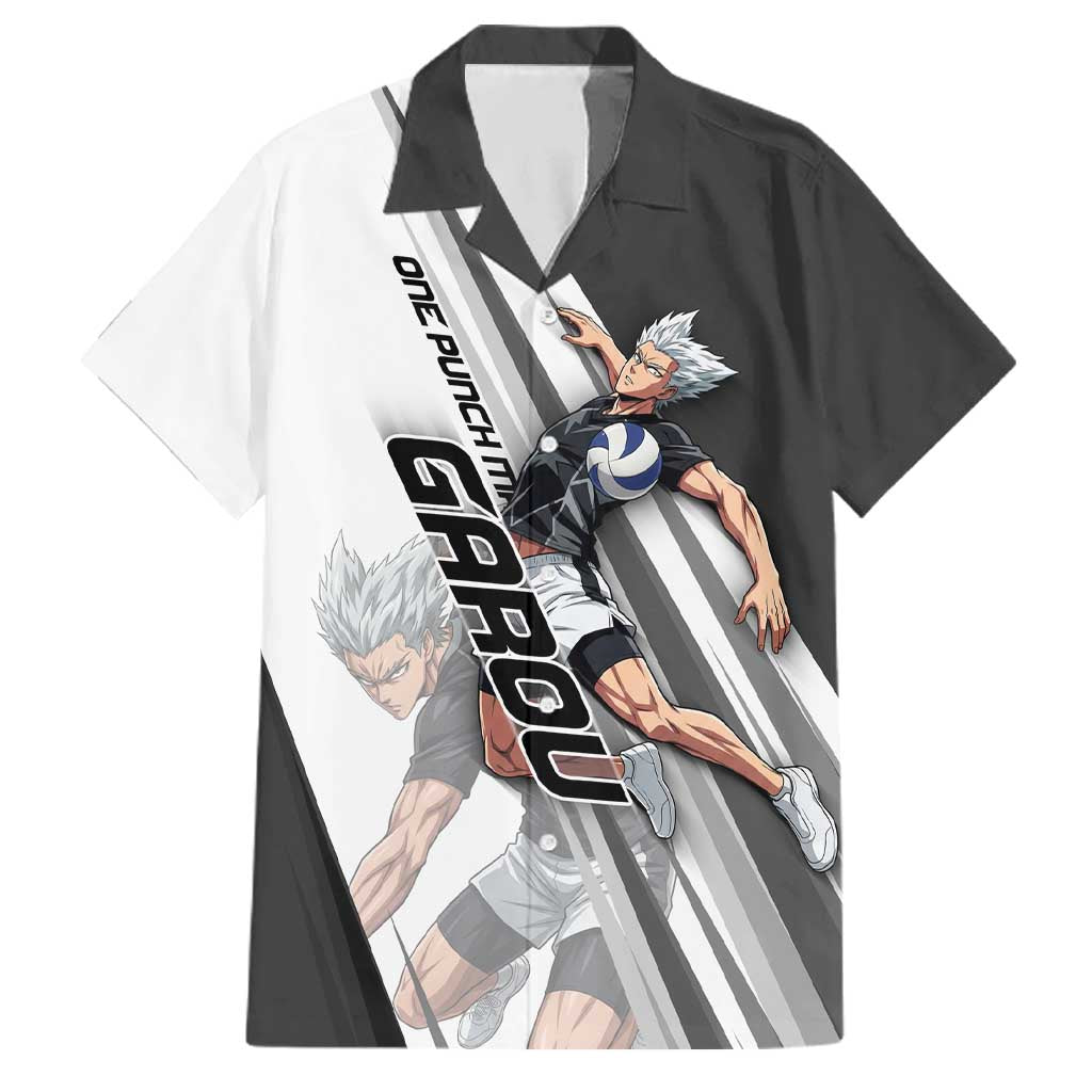 Personalized Garou Volleyball Action Design Family Matching Puletasi and Hawaiian Shirt with Monochrome Stripes and Dynamic Pose
