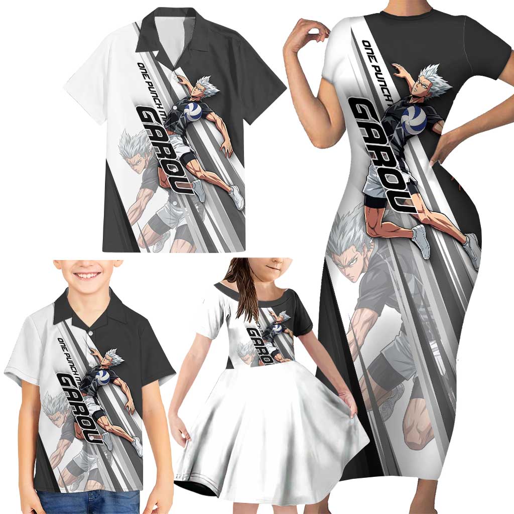 Personalized Garou Volleyball Action Design Family Matching Short Sleeve Bodycon Dress and Hawaiian Shirt with Monochrome Stripes and Dynamic Pose
