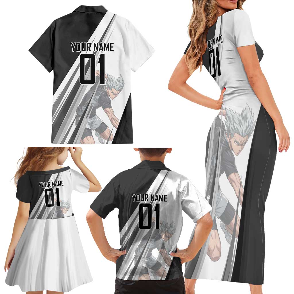 Personalized Garou Volleyball Action Design Family Matching Short Sleeve Bodycon Dress and Hawaiian Shirt with Monochrome Stripes and Dynamic Pose