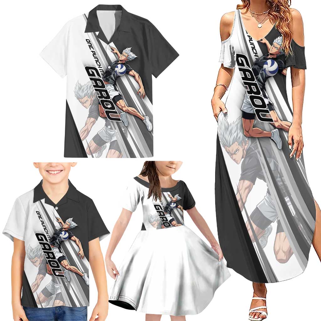Personalized Garou Volleyball Action Design Family Matching Summer Maxi Dress and Hawaiian Shirt with Monochrome Stripes and Dynamic Pose