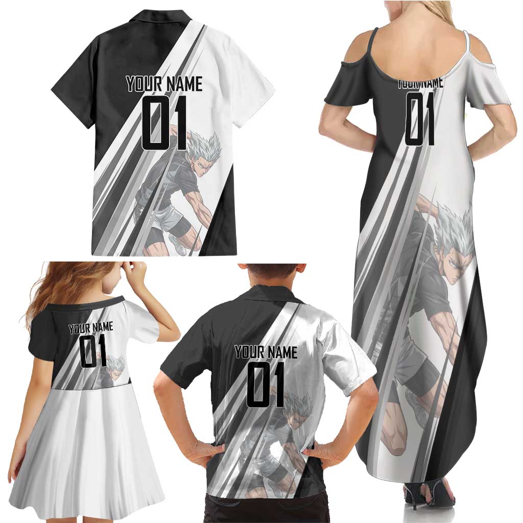 Personalized Garou Volleyball Action Design Family Matching Summer Maxi Dress and Hawaiian Shirt with Monochrome Stripes and Dynamic Pose