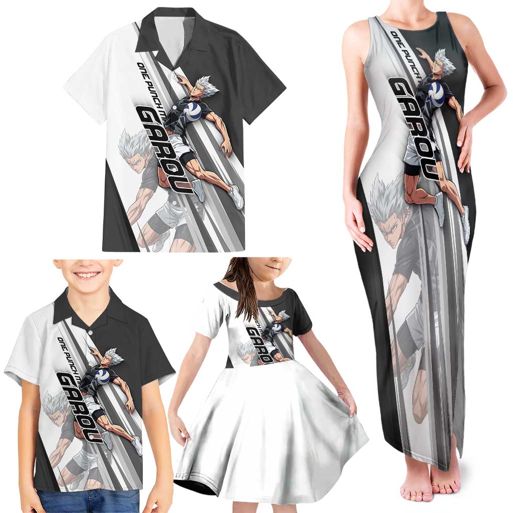 Personalized Garou Volleyball Action Design Family Matching Tank Maxi Dress and Hawaiian Shirt with Monochrome Stripes and Dynamic Pose
