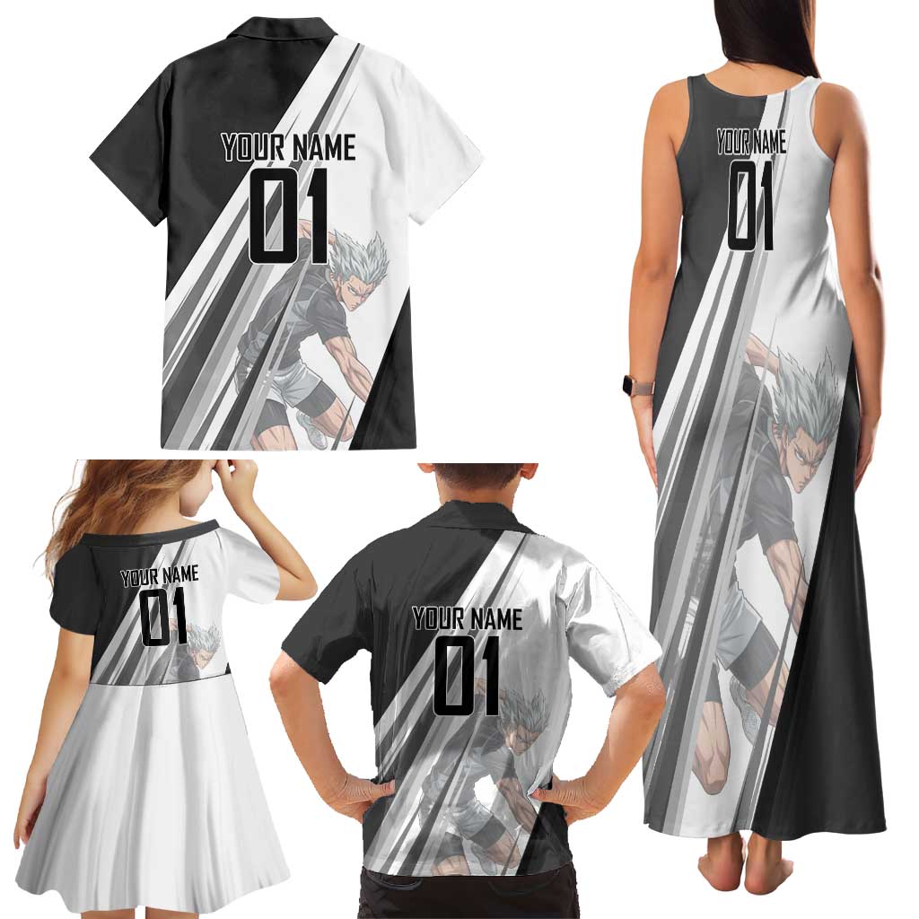 Personalized Garou Volleyball Action Design Family Matching Tank Maxi Dress and Hawaiian Shirt with Monochrome Stripes and Dynamic Pose