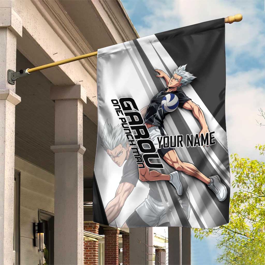 Personalized Garou Volleyball Action Design Garden Flag with Monochrome Stripes and Dynamic Pose