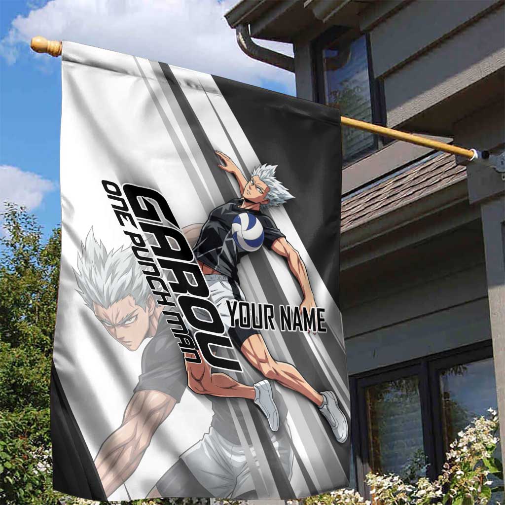 Personalized Garou Volleyball Action Design Garden Flag with Monochrome Stripes and Dynamic Pose