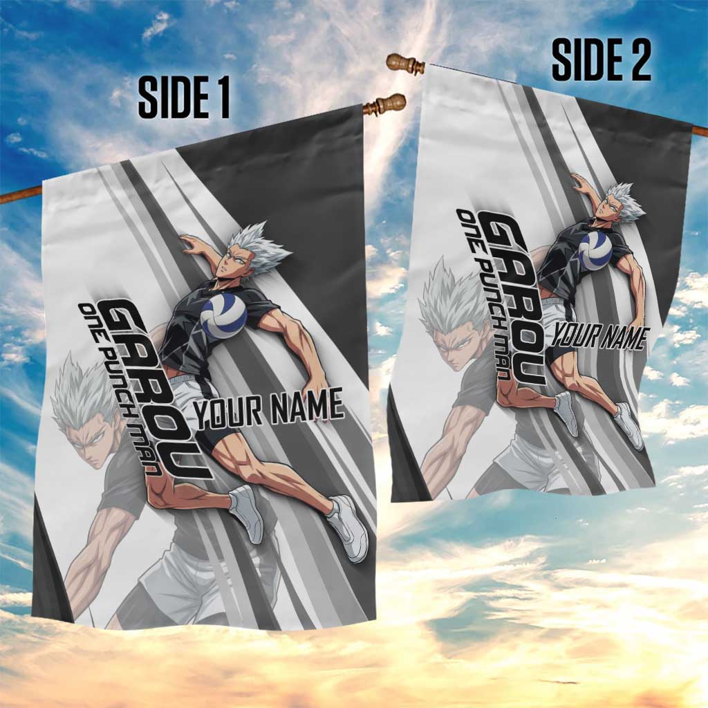 Personalized Garou Volleyball Action Design Garden Flag with Monochrome Stripes and Dynamic Pose