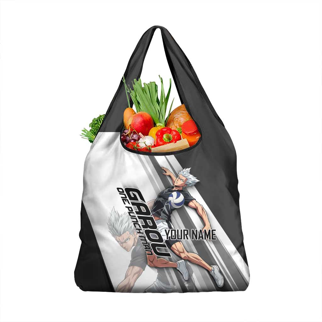 Personalized Garou Volleyball Action Design Grocery Bag with Monochrome Stripes and Dynamic Pose
