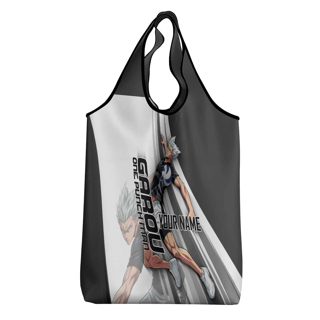 Personalized Garou Volleyball Action Design Grocery Bag with Monochrome Stripes and Dynamic Pose