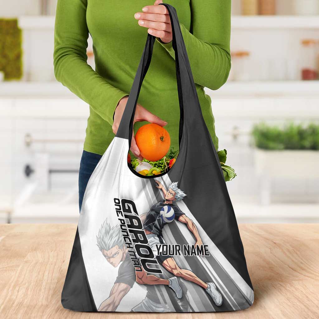 Personalized Garou Volleyball Action Design Grocery Bag with Monochrome Stripes and Dynamic Pose