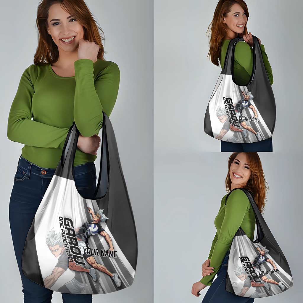 Personalized Garou Volleyball Action Design Grocery Bag with Monochrome Stripes and Dynamic Pose