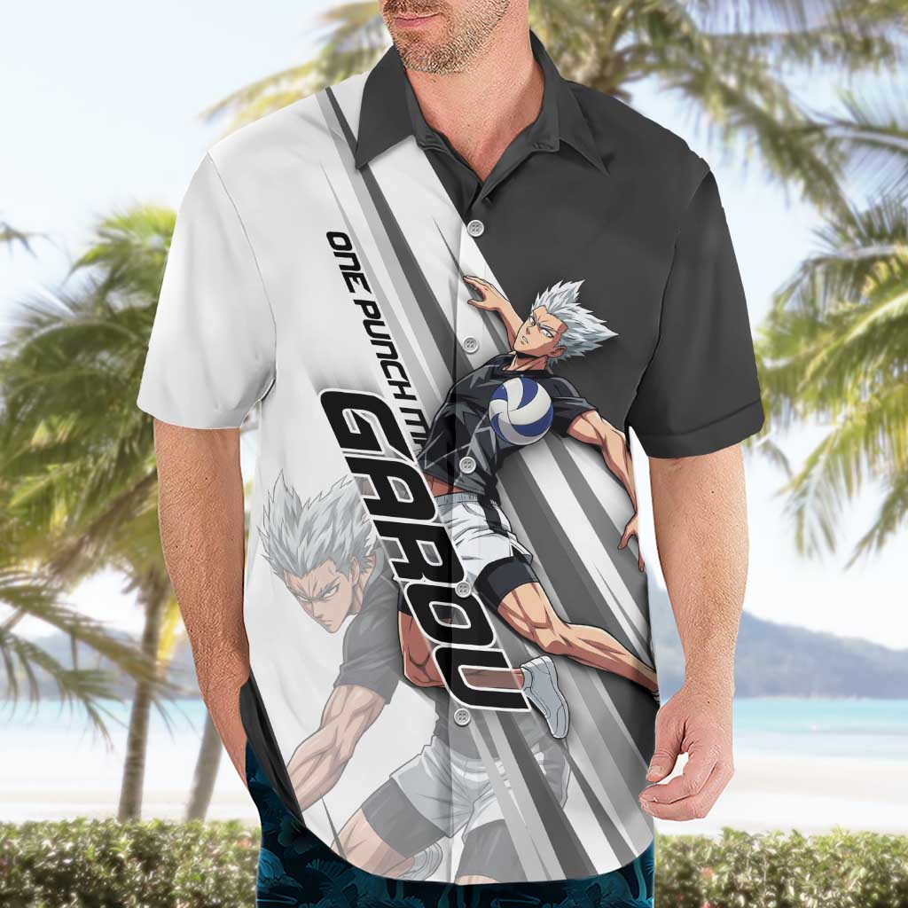 Personalized Garou Volleyball Action Design Hawaiian Shirt with Monochrome Stripes and Dynamic Pose