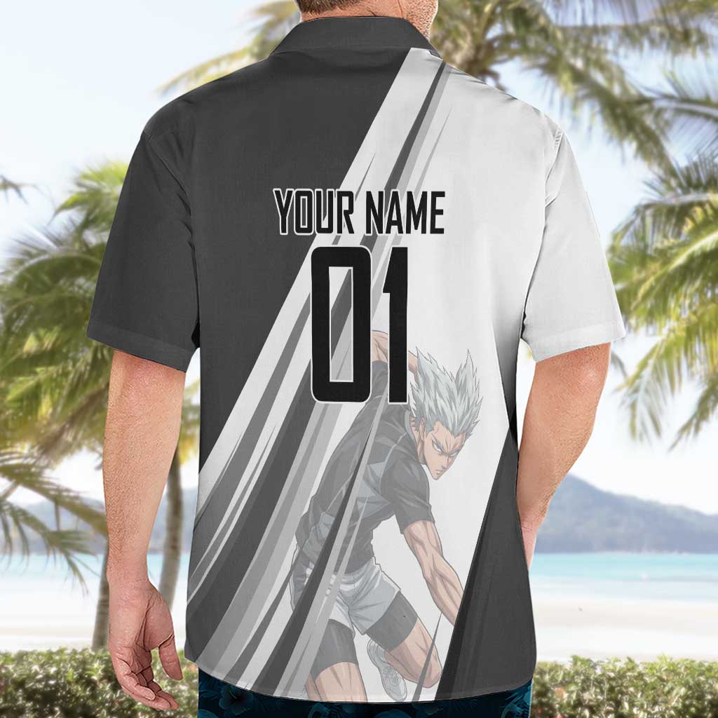 Personalized Garou Volleyball Action Design Hawaiian Shirt with Monochrome Stripes and Dynamic Pose