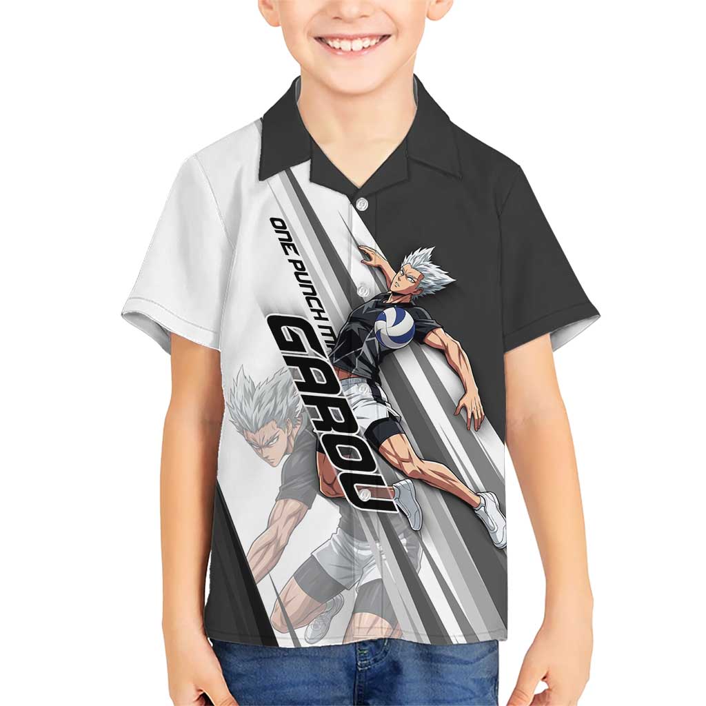Personalized Garou Volleyball Action Design Hawaiian Shirt with Monochrome Stripes and Dynamic Pose