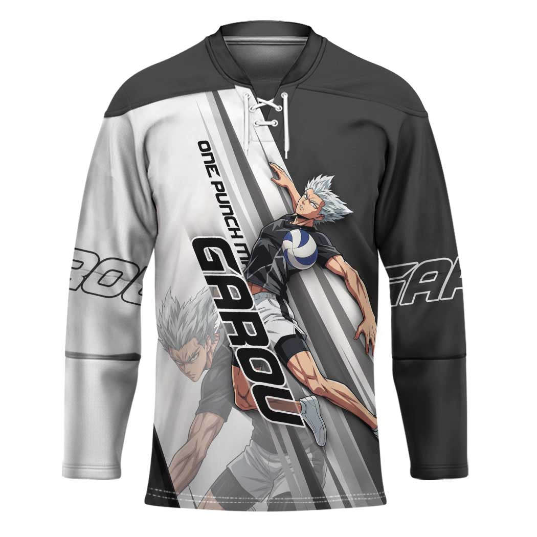 Personalized Garou Volleyball Action Design Hockey Jersey with Monochrome Stripes and Dynamic Pose