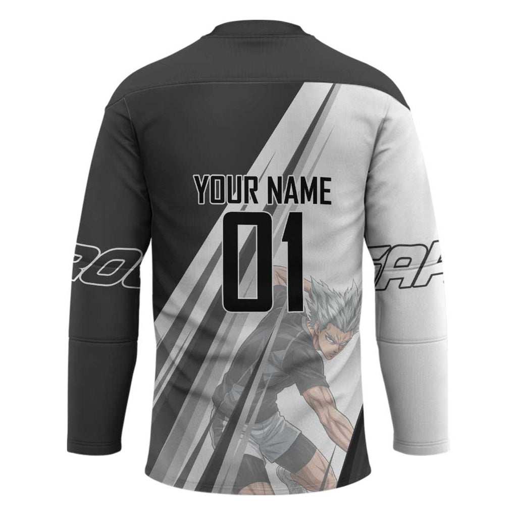Personalized Garou Volleyball Action Design Hockey Jersey with Monochrome Stripes and Dynamic Pose