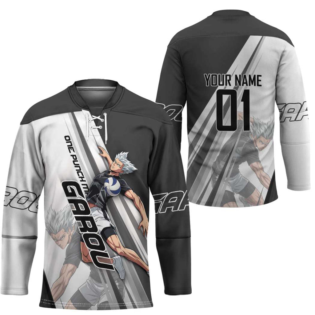Personalized Garou Volleyball Action Design Hockey Jersey with Monochrome Stripes and Dynamic Pose