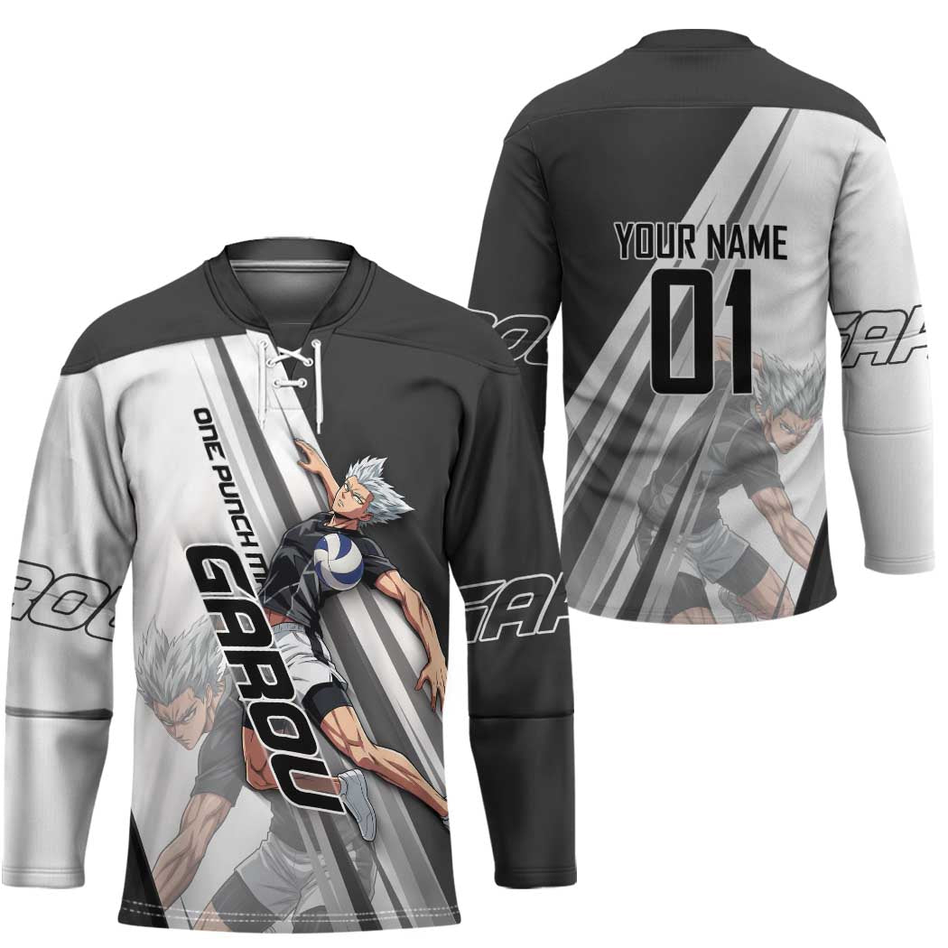 Personalized Garou Volleyball Action Design Hockey Jersey with Monochrome Stripes and Dynamic Pose