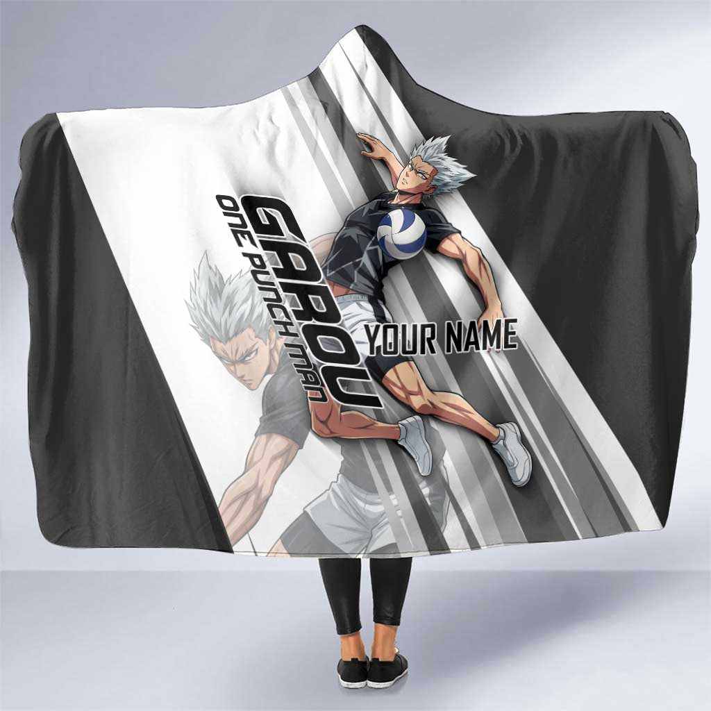 Personalized Garou Volleyball Action Design Hooded Blanket with Monochrome Stripes and Dynamic Pose