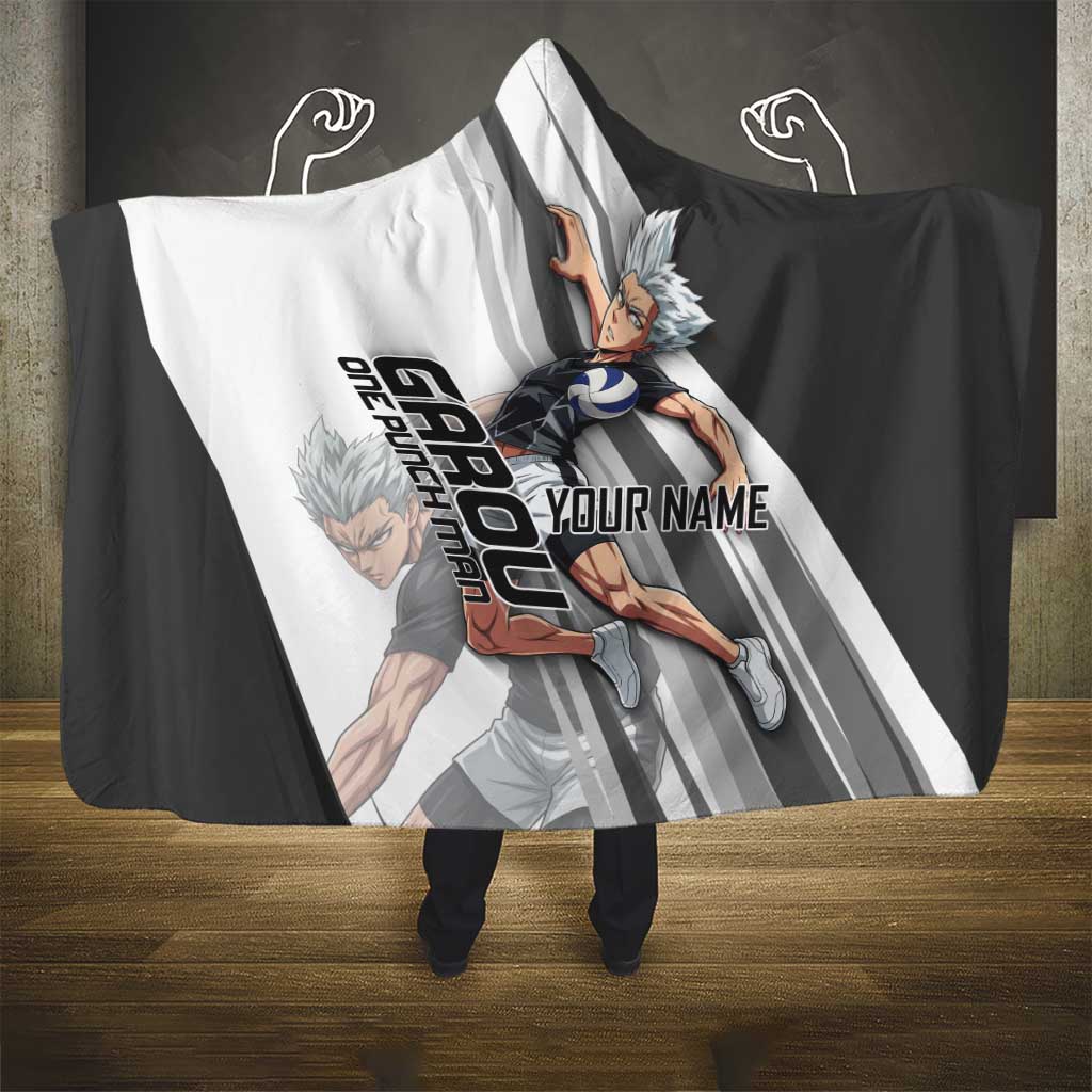 Personalized Garou Volleyball Action Design Hooded Blanket with Monochrome Stripes and Dynamic Pose