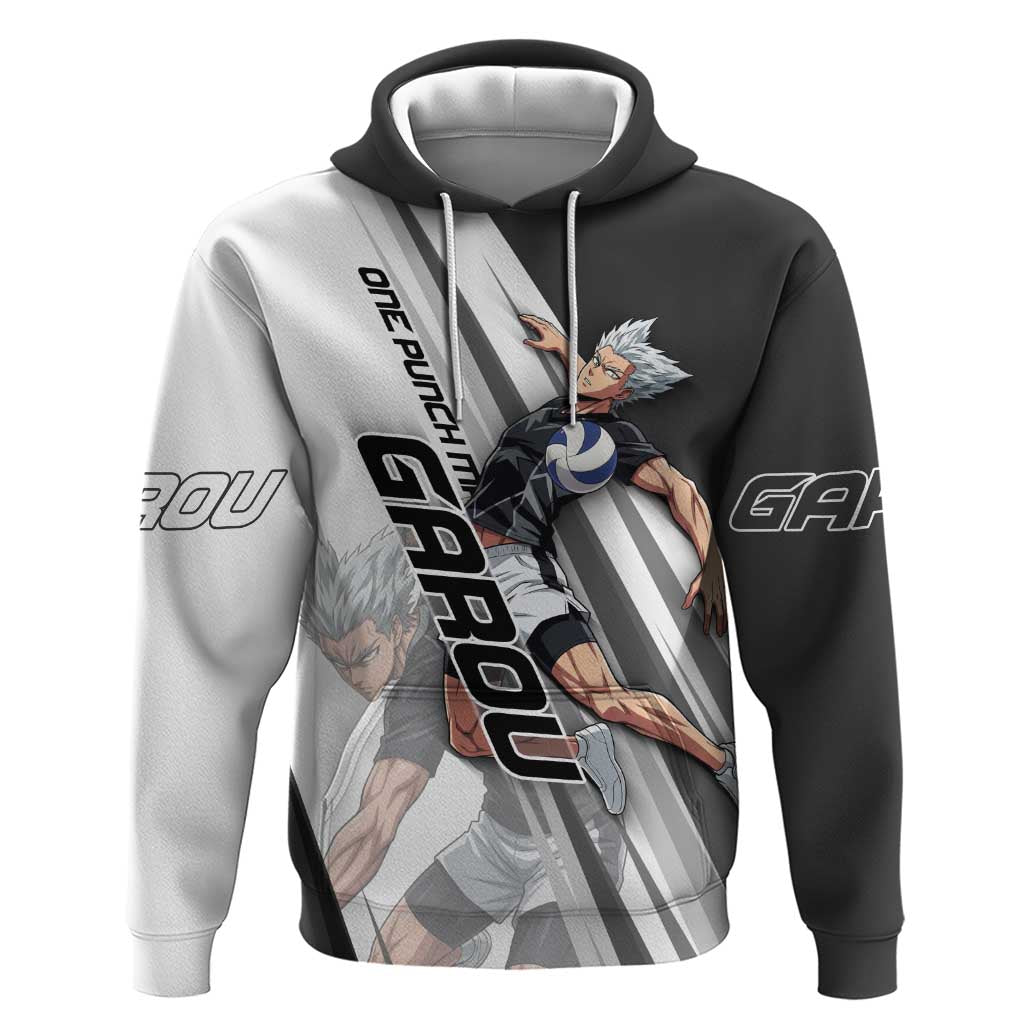 Personalized Garou Volleyball Action Design Hoodie with Monochrome Stripes and Dynamic Pose