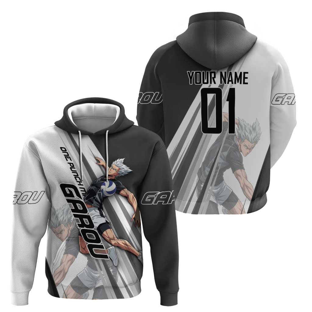 Personalized Garou Volleyball Action Design Hoodie with Monochrome Stripes and Dynamic Pose