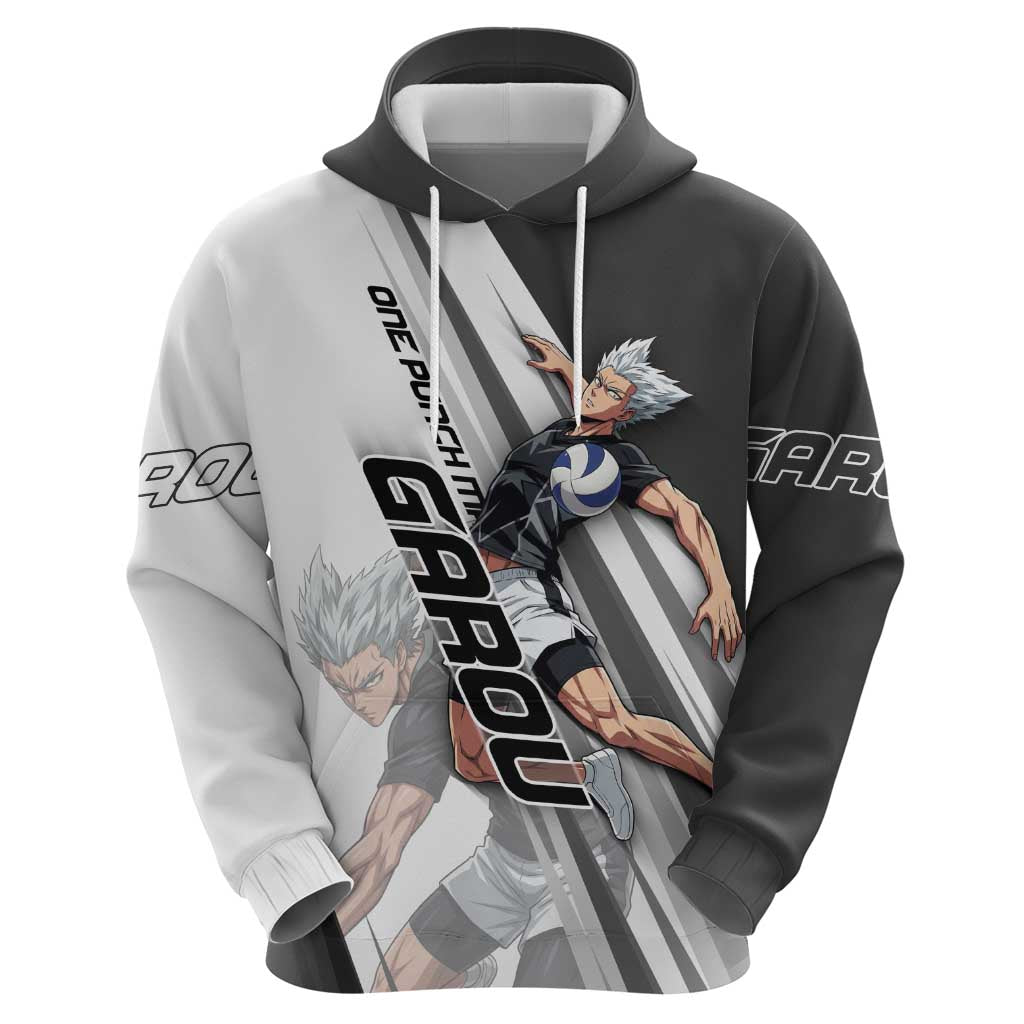 Personalized Garou Volleyball Action Design Hoodie with Monochrome Stripes and Dynamic Pose