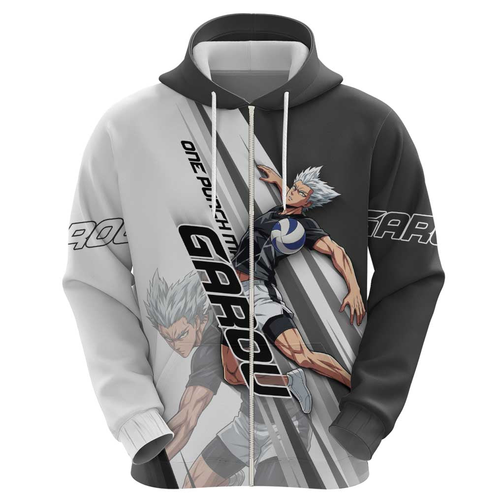 Personalized Garou Volleyball Action Design Hoodie with Monochrome Stripes and Dynamic Pose