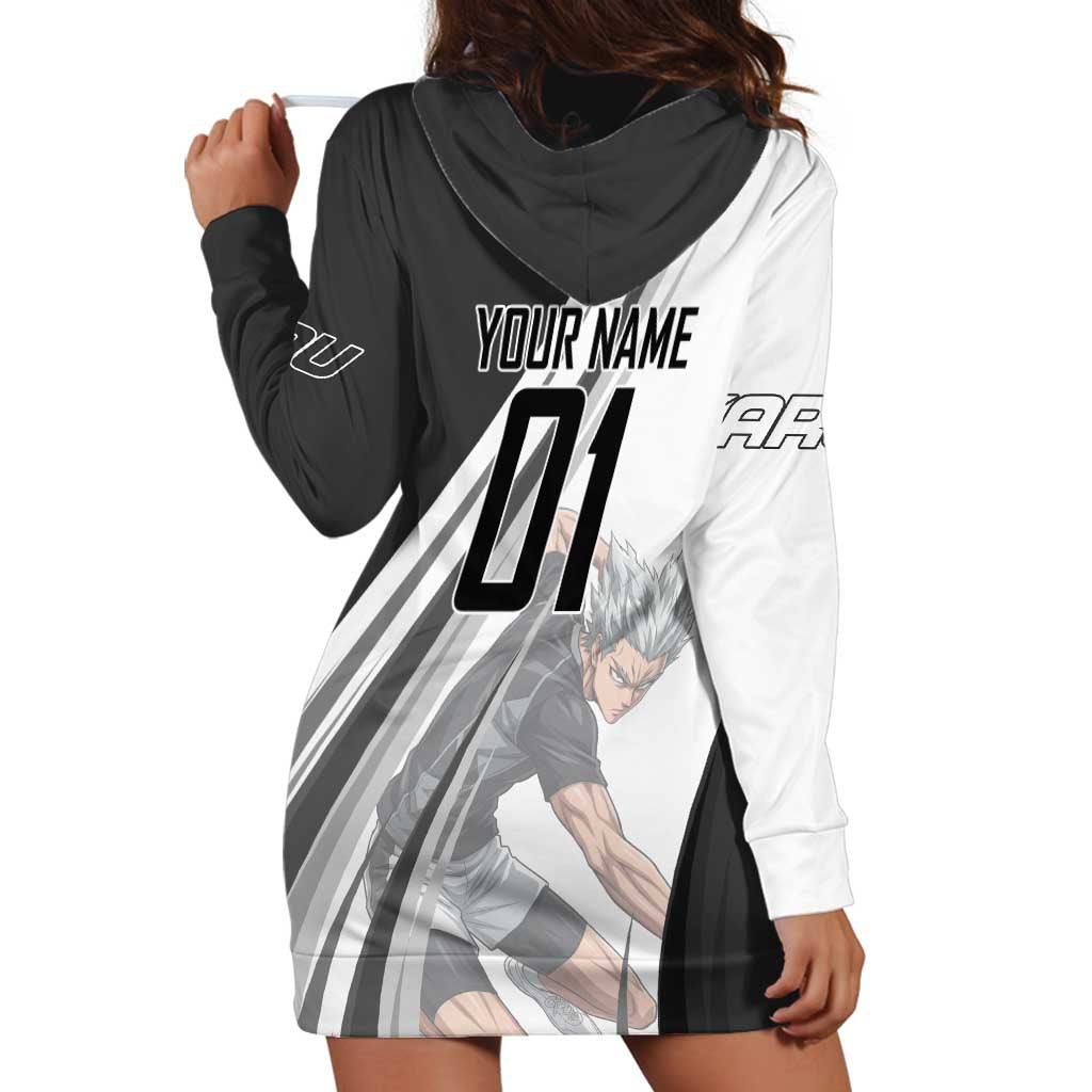 Personalized Garou Volleyball Action Design Hoodie Dress with Monochrome Stripes and Dynamic Pose