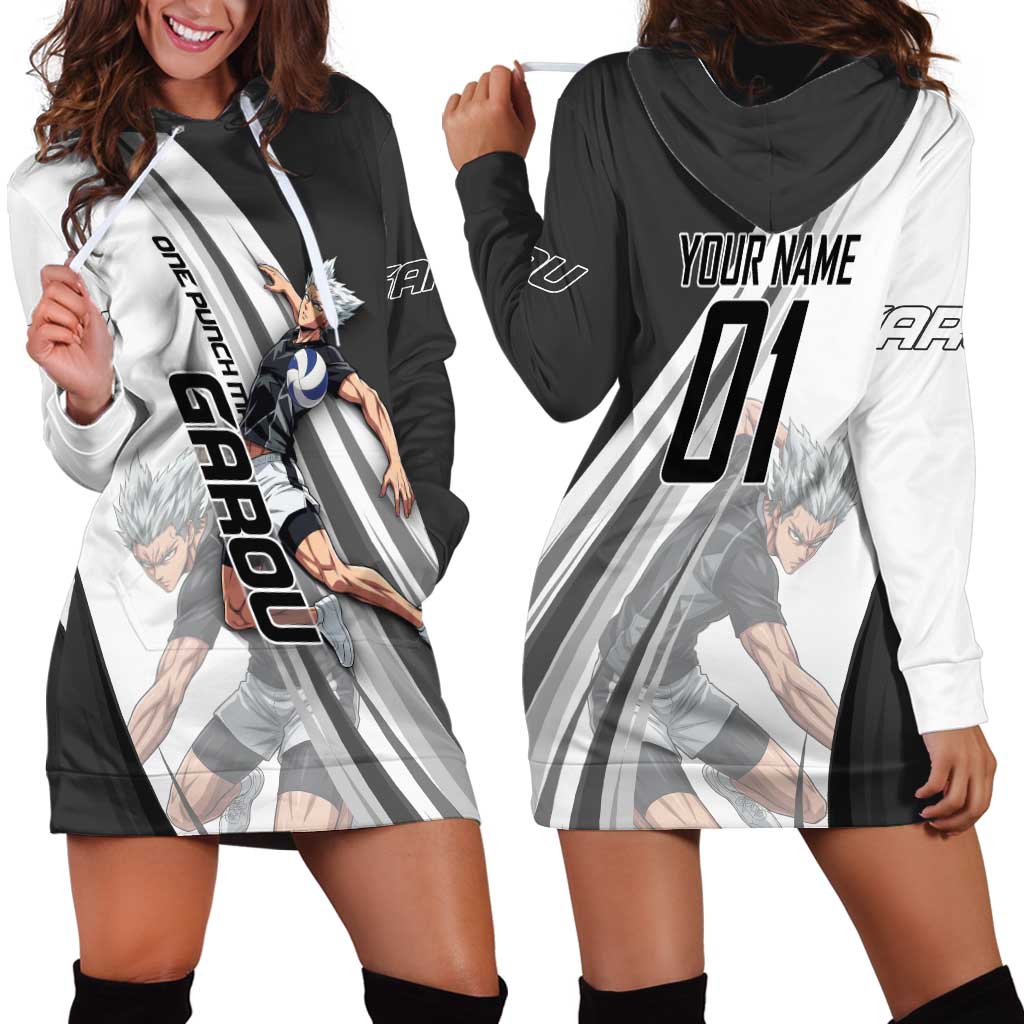 Personalized Garou Volleyball Action Design Hoodie Dress with Monochrome Stripes and Dynamic Pose