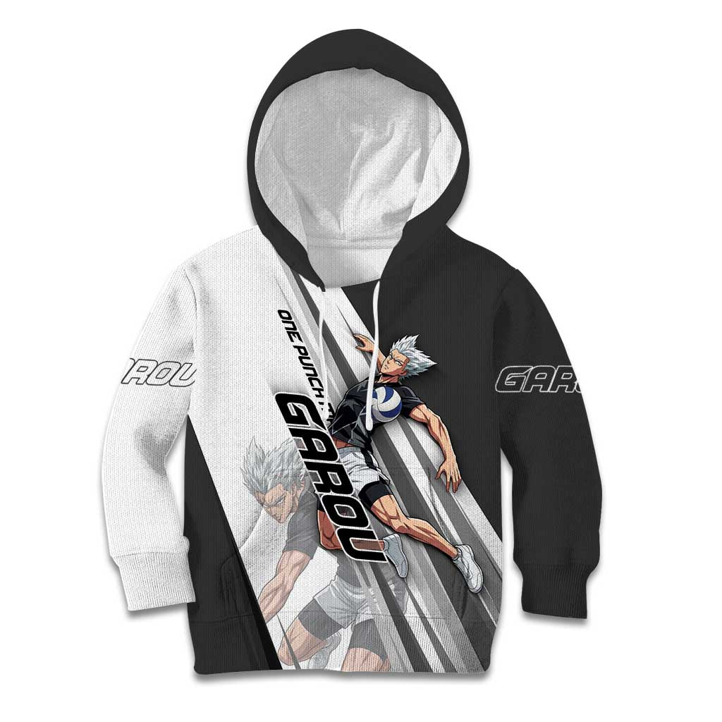 Personalized Garou Volleyball Action Design Kid Hoodie with Monochrome Stripes and Dynamic Pose