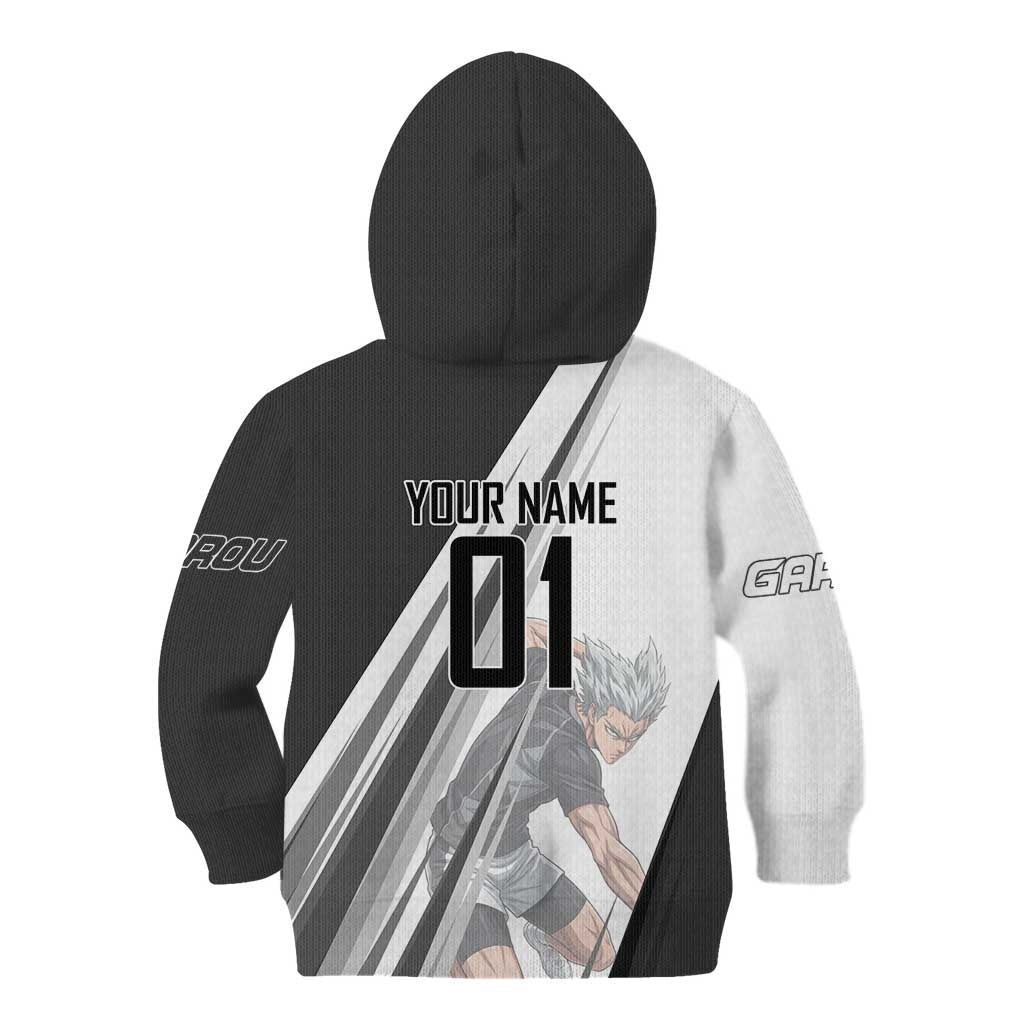 Personalized Garou Volleyball Action Design Kid Hoodie with Monochrome Stripes and Dynamic Pose