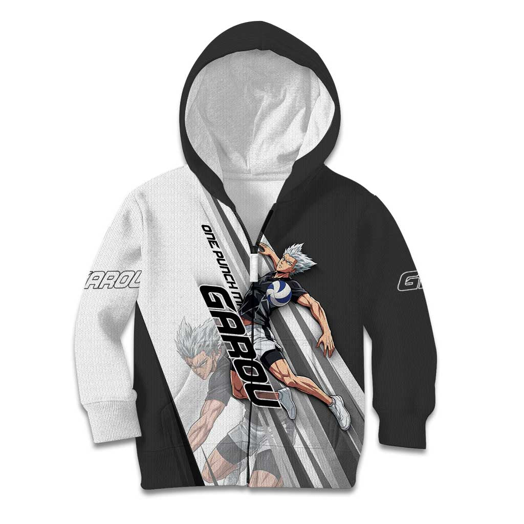 Personalized Garou Volleyball Action Design Kid Hoodie with Monochrome Stripes and Dynamic Pose