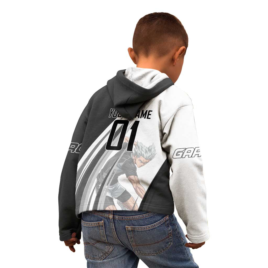 Personalized Garou Volleyball Action Design Kid Hoodie with Monochrome Stripes and Dynamic Pose
