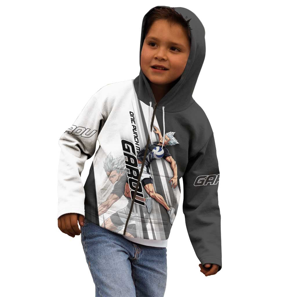 Personalized Garou Volleyball Action Design Kid Hoodie with Monochrome Stripes and Dynamic Pose