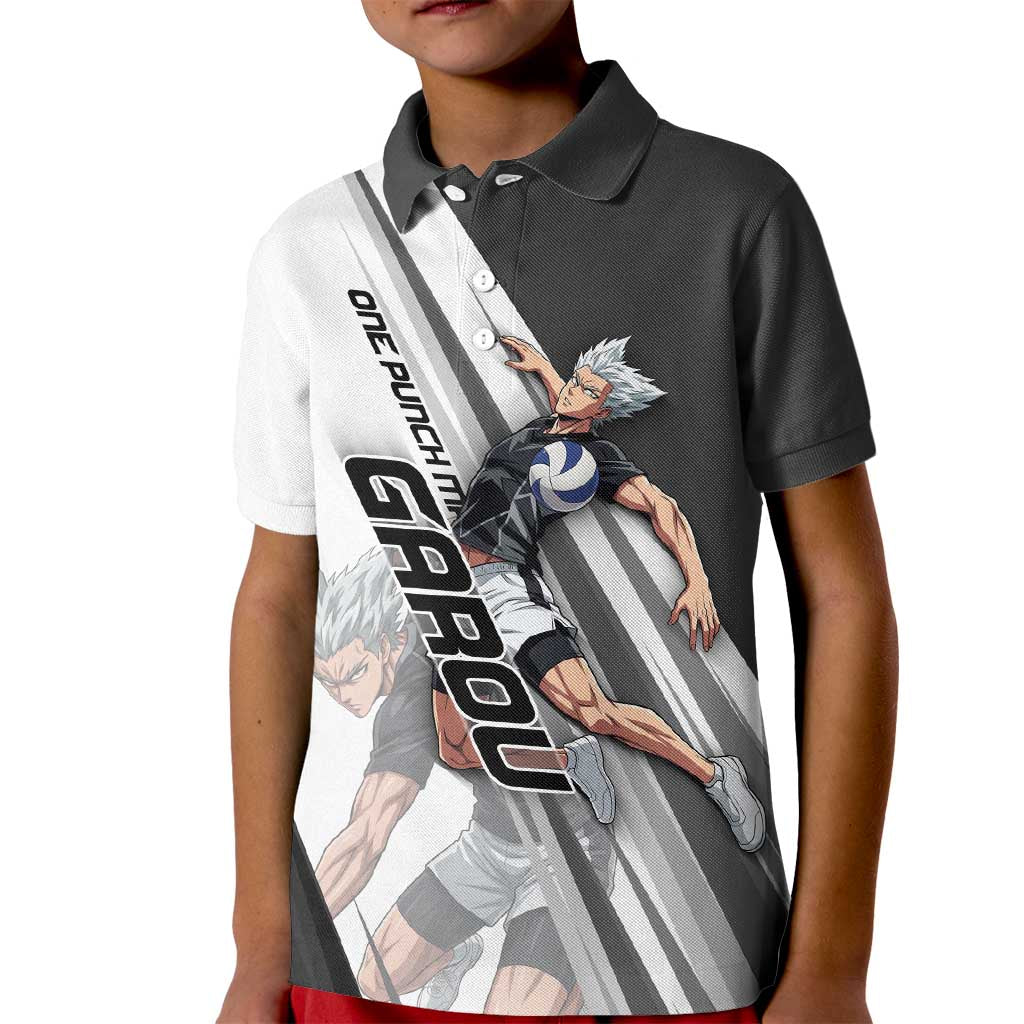 Personalized Garou Volleyball Action Design Kid Polo Shirt with Monochrome Stripes and Dynamic Pose