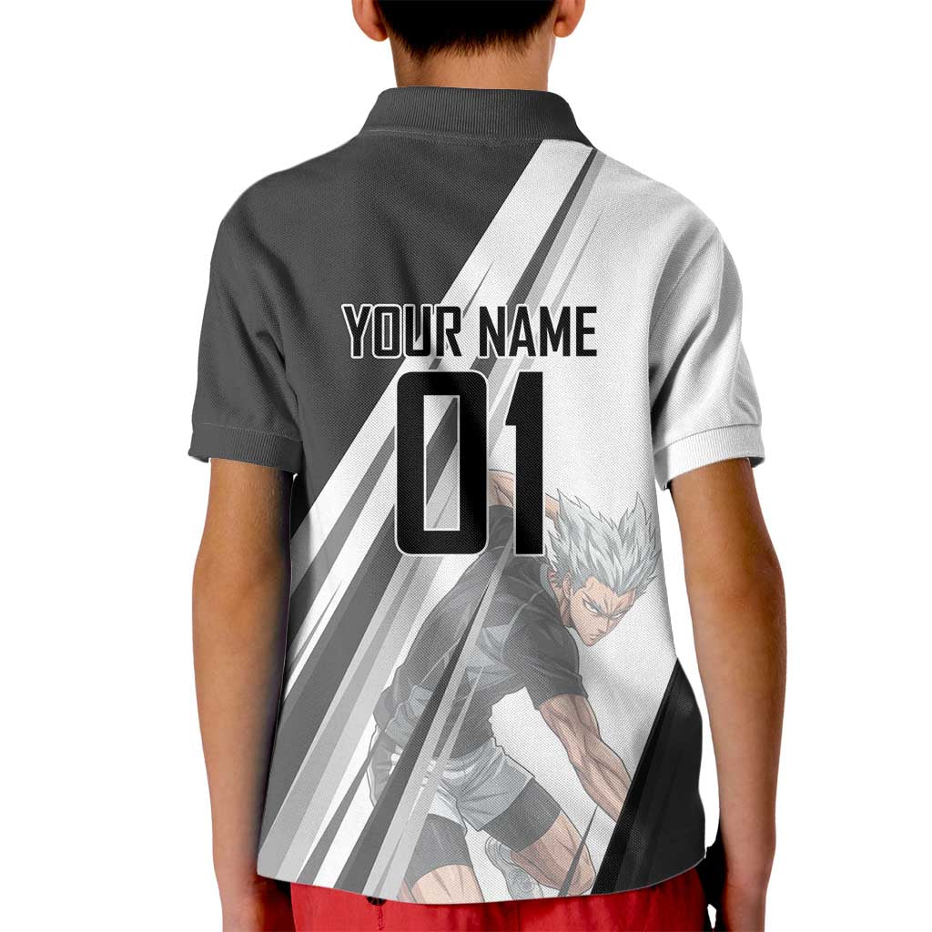 Personalized Garou Volleyball Action Design Kid Polo Shirt with Monochrome Stripes and Dynamic Pose
