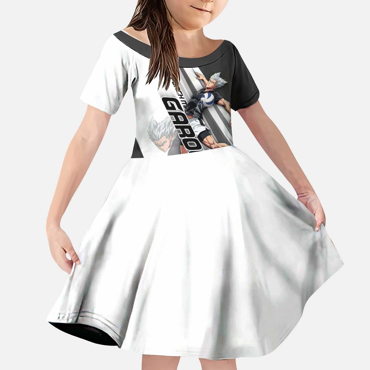 Personalized Garou Volleyball Action Design Kid Short Sleeve Dress with Monochrome Stripes and Dynamic Pose