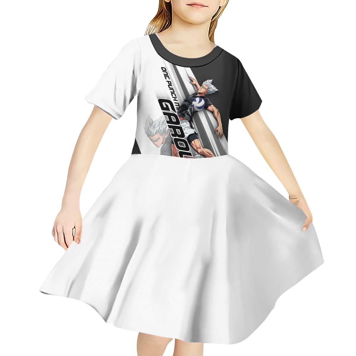 Personalized Garou Volleyball Action Design Kid Short Sleeve Dress with Monochrome Stripes and Dynamic Pose